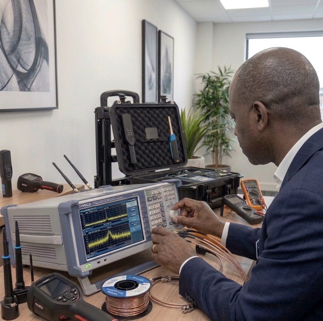 Professional RF spectrum analysis being carried out during an office TSCM investigation